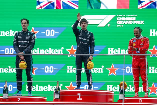 CHINA-MOTORSPORTS F1-SHANGHAI From Left to Right, Mercedes™ George Russell, Mercedes™ Kimi Antonelli and Ferrari™s Lewis Hamilton on the podium after coming in top 3 at Shanghai International Circuit at the F1 Chinese Grand Prix, Shanghai, China, March 15, 2026. NEXPHER Peter Li SHANGHAI