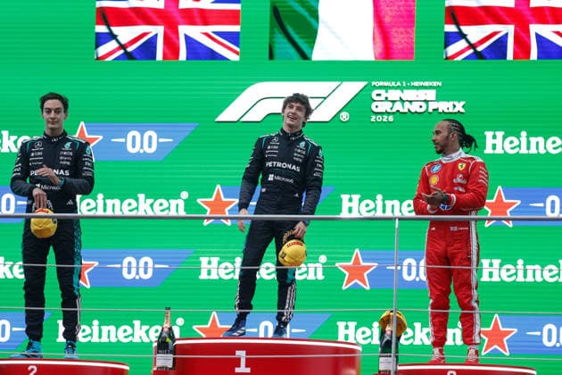 CHINA-MOTORSPORTS F1-SHANGHAI From Left to Right, Mercedes™ George Russell, Mercedes™ Kimi Antonelli and Ferrari™s Lewis Hamilton on the podium after coming in top 3 at Shanghai International Circuit at the F1 Chinese Grand Prix, Shanghai, China, March 15, 2026. NEXPHER Peter Li SHANGHAI