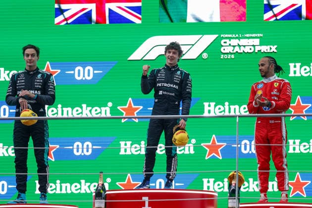 CHINA-MOTORSPORTS F1-SHANGHAI From Left to Right, Mercedes™ George Russell, Mercedes™ Kimi Antonelli and Ferrari™s Lewis Hamilton on the podium after coming in top 3 at Shanghai International Circuit at the F1 Chinese Grand Prix, Shanghai, China, March 15, 2026. NEXPHER Peter Li SHANGHAI