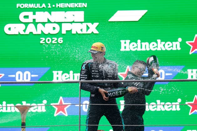 CHINA-MOTORSPORTS F1-SHANGHAI Mercedes™ Kimi Antonelli spraying champaign on the podium after coming in top 3 at Shanghai International Circuit at the F1 Chinese Grand Prix, Shanghai, China, March 15, 2026. NEXPHER Peter Li SHANGHAI