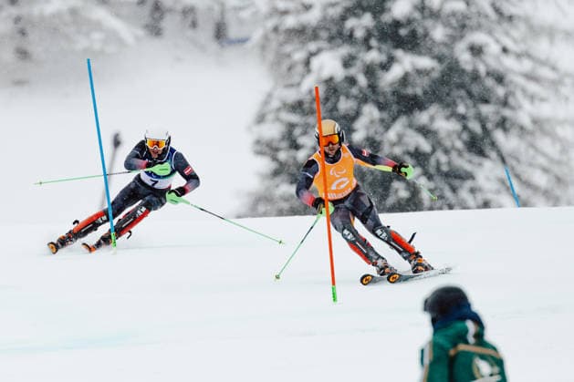 PARALYMPICS - Winter Paralympics Milano Cortina 2026 CORTINA D AMPEZZO,ITALY,15.MAR.26 - PARALYMPICS, ALPINE SKIING - Paralympic Winter games, Winterspiele,Spiele, Summer games Milano Cortina 2026, slalom, men. Image shows guide Nico Haberl and Johannes Aigner (AUT).  GEPAxpictures xMatthiasxTrinkl