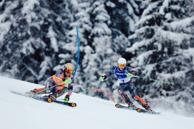 PARALYMPICS - Winter Paralympics Milano Cortina 2026 CORTINA D AMPEZZO,ITALY,15.MAR.26 - PARALYMPICS, ALPINE SKIING - Paralympic Winter games, Winterspiele,Spiele, Summer games Milano Cortina 2026, slalom, men. Image shows guide Nico Haberl and Johannes Aigner (AUT).  GEPAxpictures xMaticxKlansek