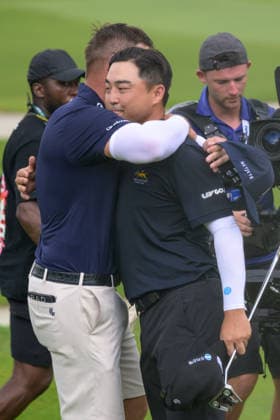 March 15, 2026, Singapore, Ingapore, Singapore: USAs Bryson DeChambeau wins the Singapore tournament, beating Richard T. Lee from Canada in a one hole tie-breaker on the 18th hole. A hug to finish between Lee and DeChambeau. Final Round of the LIV Golf in Singapore Singapore Singapore - ZUMAr144 20260315_zap_r144_035 Copyright: xJaynexRussellx