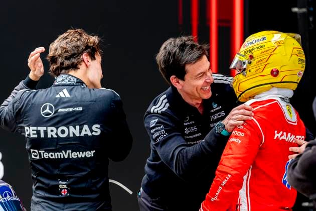 SHANGHAI Mercedes AMG Petronas Formula One Team Principal Toto Wolff and Formula 1 driver Lewis Hamilton of Scuderia Ferrari HP during the Formula 1 China Shanghai race at the Shanghai International Circuit on March 15, 2025 in Shanghai, China Photo by DeFodi Images