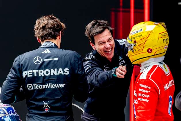 SHANGHAI Mercedes AMG Petronas Formula One Team Principal Toto Wolff and Formula 1 driver Lewis Hamilton of Scuderia Ferrari HP during the Formula 1 China Shanghai race at the Shanghai International Circuit on March 15, 2025 in Shanghai, China Photo by DeFodi Images