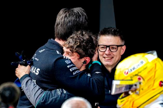 SHANGHAI Formula 1 driver Kimi Antonelli of Mercedes AMG Petronas Formula One Team wins his first race and is congratulated by Team Principal Toto Wolff of Mercedes AMG Petronas Formula One Team during the Formula 1 China Shanghai race at the Shanghai International Circuit on March 15, 2025 in Shanghai, China Photo by DeFodi Images