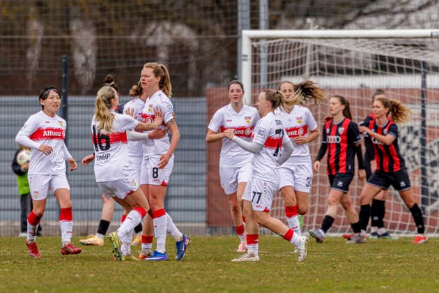 Ingolstadt, Germany 15 March 2026 2 BL Women 2025 2026 FC Ingolstadt 04 vs VfB Stuttgart In the picture The VfB players cheer after the goal for 1 2 ESV Stadion Bayern Copyright: xFotostandx xSchäferx