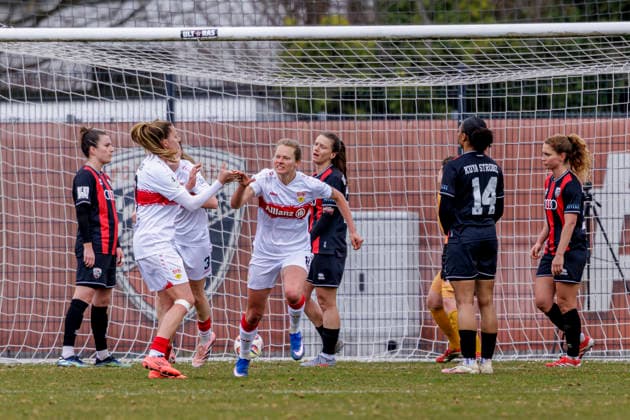 Ingolstadt, Germany 15 March 2026 2 BL Women 2025 2026 FC Ingolstadt 04 vs VfB Stuttgart In the picture The VfB players cheer after the goal for 1 2 ESV Stadion Bayern Copyright: xFotostandx xSchäferx