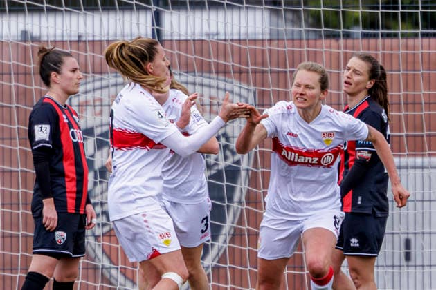 Ingolstadt, Germany 15 March 2026 2 BL Women 2025 2026 FC Ingolstadt 04 vs VfB Stuttgart In the picture The VfB players cheer after the goal for 1 2 ESV Stadion Bayern Copyright: xFotostandx xSchäferx