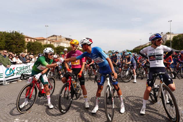 Diego Pablo Sevilla (Team Polti VisitMalta) , Tobias Halland Johannessen (Uno-X Mobility) , Isaac Del Toro (UAE Team Emirates XRG) , Giulio Pellizzari (Red Bull - Bora - Hansgrohe) , with mayor During the 142-kilometer Stage 7 of the Tirreno-Adriatico cycling race from Civitanova Marche to San Benedetto del Tronto - Italy,- Sunday , March 15, 2026. - cycling .  Copyright: xMassimoxPaolone LaPressex