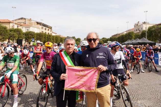 Diego Pablo Sevilla (Team Polti VisitMalta) , Tobias Halland Johannessen (Uno-X Mobility) , Isaac Del Toro (UAE Team Emirates XRG) , Giulio Pellizzari (Red Bull - Bora - Hansgrohe) , with mayor of Civitanova and Stefano Allocchio During the 142-kilometer Stage 7 of the Tirreno-Adriatico cycling race from Civitanova Marche to San Benedetto del Tronto - Italy,- Sunday , March 15, 2026. - cycling .  Copyright: xMassimoxPaolone LaPressex