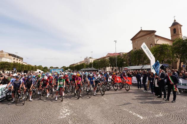 Diego Pablo Sevilla (Team Polti VisitMalta) , Tobias Halland Johannessen (Uno-X Mobility) , Isaac Del Toro (UAE Team Emirates XRG) , Giulio Pellizzari (Red Bull - Bora - Hansgrohe) , with mayor During the 142-kilometer Stage 7 of the Tirreno-Adriatico cycling race from Civitanova Marche to San Benedetto del Tronto - Italy,- Sunday , March 15, 2026. - cycling .  Copyright: xMassimoxPaolone LaPressex