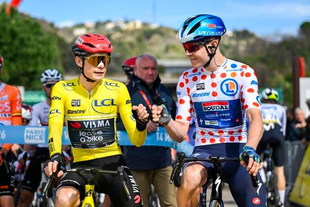 Paris Nice 2026 Stage 8 NICE, FRANCE - MARCH 15 : Vingegaard Jonas (DEN) of Team Visma Lease a Bike and Pedersen Casper (DEN) of Soudal Quick Step at the start line during stage 8 of the 84th edition of Paris - Nice an UCI World Tour 2.UWT cycling road race stage for Men Elite of 145 km with start in Nice and finish in Nice on March 15, 2026 in Nice, France, 15 03 2026 ( Motordriver Guy De Vuyst - Nice France  Copyright: xNicoxVereeckenx
