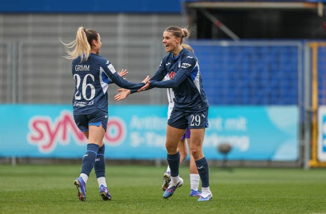 GER, Hoffenheim, TSG Hoffenheim vs SGS Essen, Google Pixel Womens Bundesliga, Football, DFB, Season 2025 2026, Dietmar Hopp Stadium, 20 Matchday in picture Janna Grimm TSG Hoffenheim Women 26 scores the 3 0, in goal, cheers and joy, emotions with Selina Cerci TSG Hoffenheim Women 29 DFB DFL REGULATIONS PROHIBIT ANY USE OF PHOTOGRAPHS AS IMAGE SEQUENCES AND OR QUASI VIDEO, 15 03 2026 Copyright: HMBxMedia HendrikxHamelau