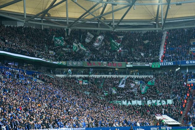 Soccer 2 Bundesliga, Matchday 26, FC Schalke 04 Hannover 96 on 15 03 2026 in Gelsenkirchen VELTINS Arena , Germany, Season 2025 2026 DFB DFL REGULATIONS PROHIBIT ANY USE OF PHOTOGRAPHS as IMAGE SEQUENCES and or QUASI VIDEO The traveling fans of H96 Gelsenkirchen VELTINS Arena Germany Copyright: xChristophxKinzingerx