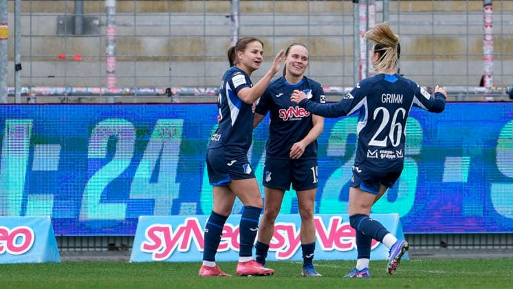 from left goal scorer Dominika Grabowska TSG, 16 , Marie Steiner TSG, 19 , Janna Grimm TSG, 26 , players of TSG 1899 Hoffenheim, cheer about the goal to 4 0, jubilation, goal celebration, celebrate the goal, goal, celebration, cheers about the goal, rejoicing, joy, rejoices, optimistic, positive, game scene, highlight, action, 15 03 2026, Sinsheim Hoffenheim Germany , Soccer, Google Pixel Women Bundesliga, TSG 1899 Hoffenheim SGS Essen, DFB DFL REGULATIONS PROHIBIT ANY USE OF PHOTOGRAPHS AS IMAGE SEQUENCES AND OR QUASI VIDEO xozx