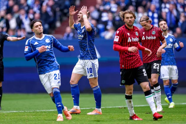 15 03 2026, Football, FC Schalke 04 Hannover 96, Matchday 26, 2 Fußball Bundesliga, Veltins Arena Gelsenkirchen, Season 2025 2026 Edin Dzeko Schalke04 10 angry disappointed gesticulating on the pitch after a missed goal chance DFB regulations prohibit any use of photographs as image sequences and or quasi video Nordrhein Westfalen Germany