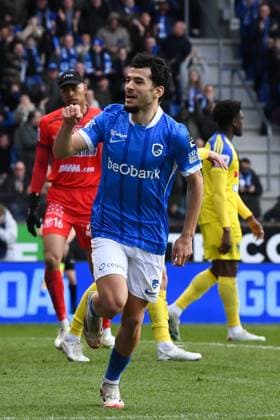 Genk s Zakaria El Ouahdi celebrates after scoring during a soccer match between KRC Genk and Sint-Truidense VV, Sunday 15 March 2026 in Genk, on day 29 of the 2025-2026 Jupiler Pro League first division of the Belgian championship. JILLxDELSAUX  x167556826x