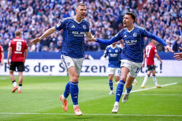 15 03 2026, Football, FC Schalke 04 Hannover 96, Matchday 26, 2 Fußball Bundesliga, Veltins Arena Gelsenkirchen, Season 2025 2026 Goal celebration after the goal to 1 0 by scorer Edin Dzeko Schalke04 10 together with Dejan Ljubicic Schalke04 21 DFB regulations prohibit any use of photographs as image sequences and or quasi video Nordrhein Westfalen Germany