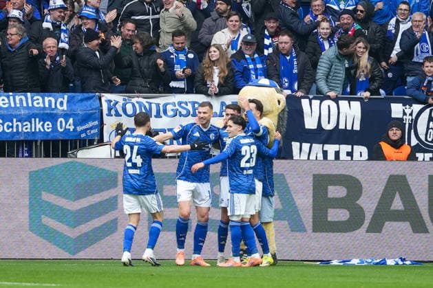 Soccer 2 Bundesliga, Matchday 26, FC Schalke 04 Hannover 96 on 15 03 2026 in Gelsenkirchen VELTINS Arena , Germany, Season 2025 2026 DFB DFL REGULATIONS PROHIBIT ANY USE OF PHOTOGRAPHS as IMAGE SEQUENCES and or QUASI VIDEO Collective cheering after the goal by Dzeko, Edin 10,S04 to 1 0 Gelsenkirchen VELTINS Arena Germany Copyright: xChristophxKinzingerx