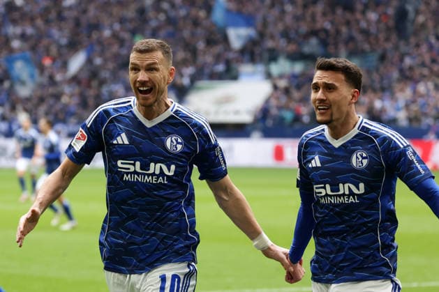 Gelsenkirchen, Germany, 15 03 26, Edin Dzeko FC Schalke 04 celebrates after his goal for 1 0 with Dejan Ljubicic FC Schalke 04 during the Bundesliga 2 match between FC Schalke 04 Hannover 96 at the Veltins Arena in Gelsenkirchen Photo by Joachim Bywaletz DFB DFL REGULATIONS PROHIBIT ANY USE OF PHOTOGRAPHS AS IMAGE SEQUENCES AND OR QUASI VIDEO Copyright: JoachimxBywaletz xJB-Sportfoto