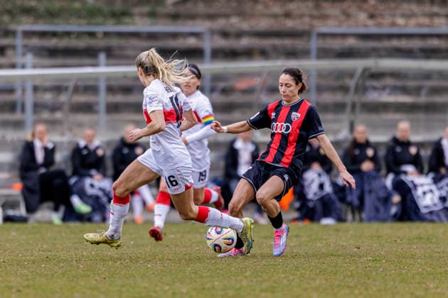 Ingolstadt, Germany 15 March 2026 2 BL Women 2025 2026 FC Ingolstadt 04 vs VfB Stuttgart In the picture from left in the duel Janina Hechler VfB and Emma Kusch FCI ESV Stadion Bayern Copyright: xFotostandx xSchäferx
