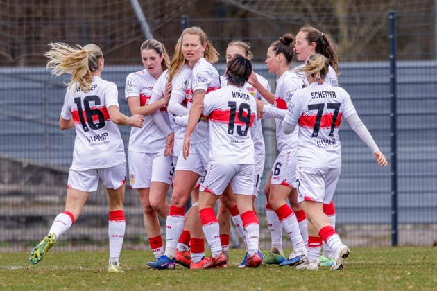 Ingolstadt, Germany 15 March 2026 2 BL Women 2025 2026 FC Ingolstadt 04 vs VfB Stuttgart In the picture The VfB players cheer after their goal to make it 1 1 ESV Stadion Bayern Copyright: xFotostandx xSchäferx