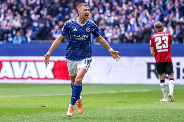 15 03 2026, Football, FC Schalke 04 Hannover 96, Matchday 26, 2 Fußball Bundesliga, Veltins Arena Gelsenkirchen, Season 2025 2026 Goal celebration after the goal to 1 0 by scorer Edin Dzeko Schalke04 10 together with DFB regulations prohibit any use of photographs as image sequences and or quasi video Nordrhein Westfalen Germany