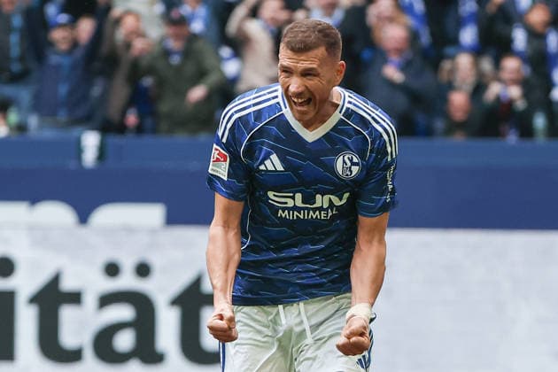 2 Bundesliga FC Schalke 04 Hannover 96 on 15 03 2026 in the Veltins Arena on Schalke Cheers, goal celebration, goal scorer, goal scorer Edin Dzeko Schalke 10 cheers after his goal for 1 to 0 MH