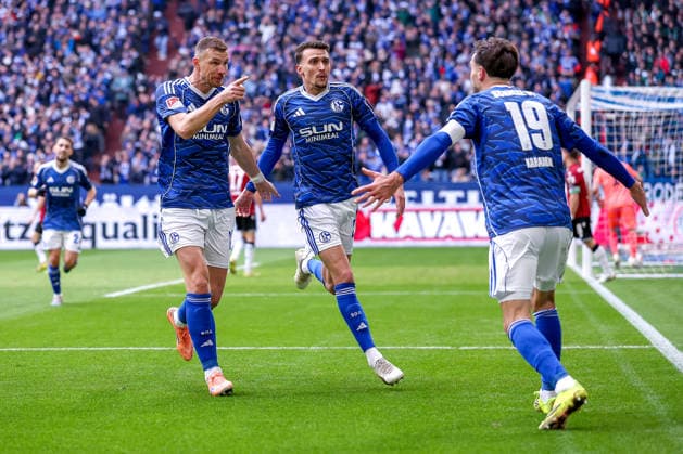 15 03 2026, Football, FC Schalke 04 Hannover 96, Matchday 26, 2 Fußball Bundesliga, Veltins Arena Gelsenkirchen, Season 2025 2026 Goal celebration after the goal to 1 0 by scorer Edin Dzeko Schalke04 10 together with Dejan Ljubicic Schalke04 21 Kenan Karaman Schalke04 19 DFB regulations prohibit any use of photographs as image sequences and or quasi video Nordrhein Westfalen Germany