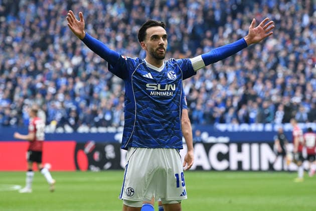 Soccer 2 Bundesliga 26 Matchday FC Schalke 04 Hannover 96 on 15 03 2026 at the Veltins Arena in Gelsenkirchen Goal celebration to 2 0 by Kenan Karaman Schalke DFL regulations prohibit any use of photographs as image sequences and or quasi video xRx
