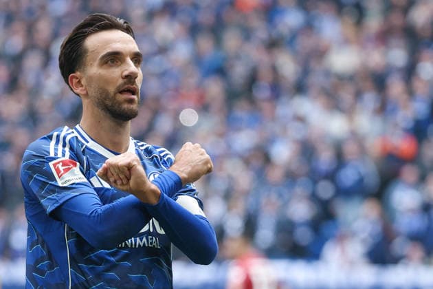2 Bundesliga FC Schalke 04 Hannover 96 on 15 03 2026 in the Veltins Arena on Schalke Cheers, goal celebration, goal scorer, goal scorer Kenan Karaman Schalke 19 cheers after his goal to 2 to 0 MH