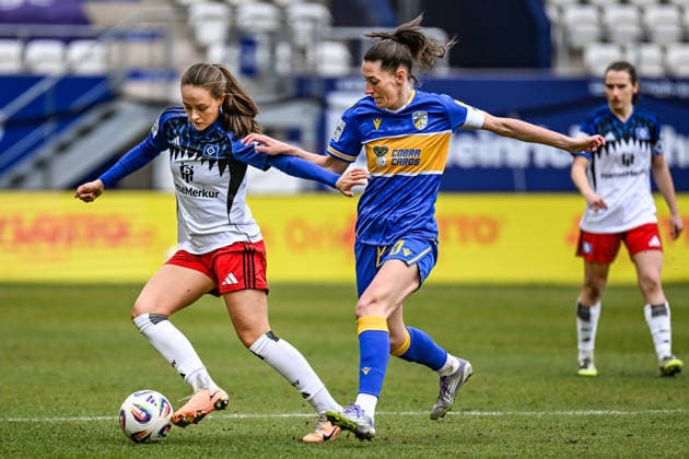 Soccer I Women I 2025 2026 season I Bundesliga I 20 matchday I FC Carl Zeiss Jena Hamburger SV I 15 03 2026 duel Camilla Linberg 47, Hamburger SV go Merza Julevic 10, FC Carl Zeiss Jena Jena Ernst Abbe Sportfeld, ad hoc Arena Thüringen Germany Copyright: xLobeca InesxHähnelx