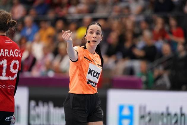 Handball scene with referee in action Haushahn Final4 match for 3rd place Thüringer HC vs HSG Blomberg Lippe Copyright: xspeedshotx