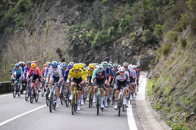 The pack of riders pictured in action during the final stage of 84th edition of the Paris-Nice cycling race, a race from Nice to Nice (129,2 km), on Sunday 15 March 2026. DAVIDxPINTENS  x167561759x