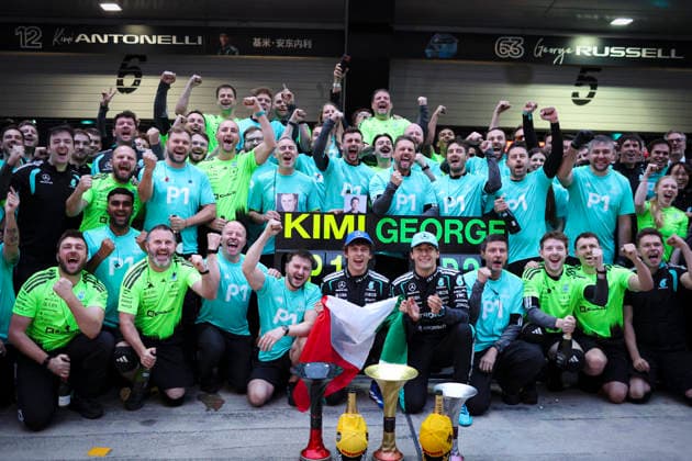 March 15, 2026, Shanghai, Shanghai, China: Mercedes-AMG Petronas Formula One Team drivers ANDREA KIMI ANTONELLI and GEORGE RUSSELL celebrate with team staff in front of the Mercedes garage after finishing first and second at the Formula One Chinese Grand Prix at Shanghai International Circuit. Shanghai China - ZUMAh201 20260315_zsp_h201_044 Copyright: xYichinxHoux