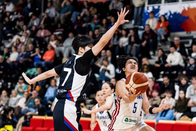 LYON-VILLEURBANNE, FRANCE - MARCH 15: Kent Jane Pastrana (Philippines, 5) controls the ball against An Jin (Republic of Korea, 77) during the FIBA Women™s World Cup Qualifying Tournament match between Philippines (PHI) vs. Republic of Korea (KOR) at Astroballe on matchday 4 of the FIBA Women™s World Cup Qualifying Tournament on March 15, 2026 in Lyon-Villeurbanne, France. France Copyright: xSteffiexWunderlx