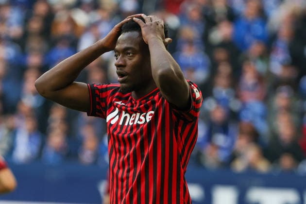 2 Bundesliga FC Schalke 04 Hannover 96 on 15 03 2026 at the Veltins Arena in Schalke Mustapha Bundu Shong Hames Hannover dissatisfied, disappointed, disappointed, dejected MH