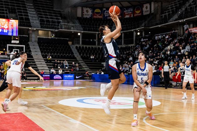 LYON-VILLEURBANNE, FRANCE - MARCH 15: Jihyun Park (Republic of Korea, 1) shoots the ball over Kent Jane Pastrana (Philippines, 5) during the FIBA Women™s World Cup Qualifying Tournament match between Philippines (PHI) vs. Republic of Korea (KOR) at Astroballe on matchday 4 of the FIBA Women™s World Cup Qualifying Tournament on March 15, 2026 in Lyon-Villeurbanne, France. France Copyright: xSteffiexWunderlx