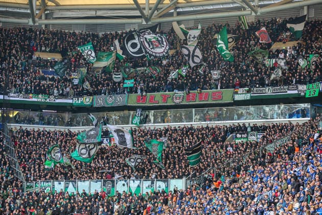 2 Bundesliga FC Schalke 04 Hannover 96 on 15 03 2026 in the Veltins Arena on Schalke The Hannover 96 fans wave flags in the guest block MH