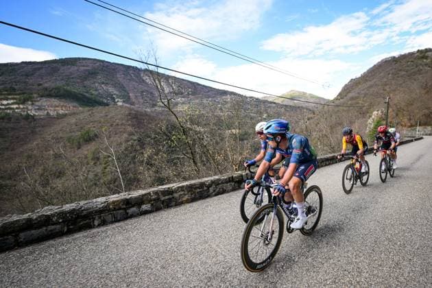 Belgian Fabio Van Den Bossche of Soudal Quick-Step pictured in the breakaway group during the final stage of 84th edition of the Paris-Nice cycling race, a race from Nice to Nice (129,2 km), on Sunday 15 March 2026. DAVIDxPINTENS  x167562579x