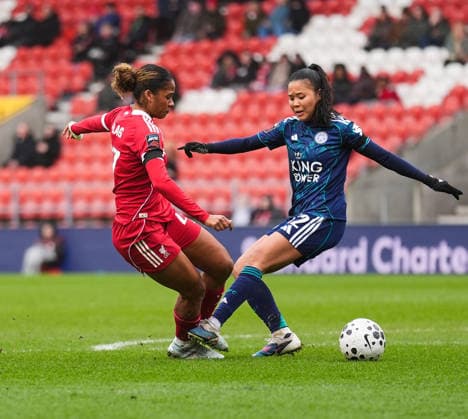 Liverpool Women v Leicester City Women Barclays Women s Super League Aurelie Csillag of Liverpool Women (left) is tackled by Asmita Ale of Leicester City Women (right) during the Barclays Women s Super League match at BrewDog Stadium, St Helens 15 03 2026 UK Newspapers OUT Copyright: xMikexMartinx FIL-23137-0035