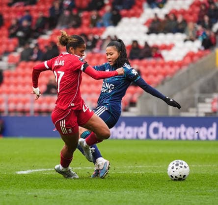 Liverpool Women v Leicester City Women Barclays Women s Super League Asmita Ale of Leicester City Women (right) brings down Aurelie Csillag of Liverpool Women (left) and gives away a penalty during the Barclays Women s Super League match at BrewDog Stadium, St Helens 15 03 2026 UK Newspapers OUT Copyright: xMikexMartinx FIL-23137-0036