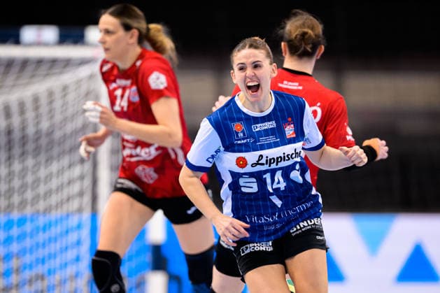 Handball DHB Pokal, Match 3rd place, Thueringer HC HSG Blomberg Lippe Ona Vegue i Pena Blomberg Jubel Freude Emotion Stuttgart Porsche Arena Baden Württemberg Germany
