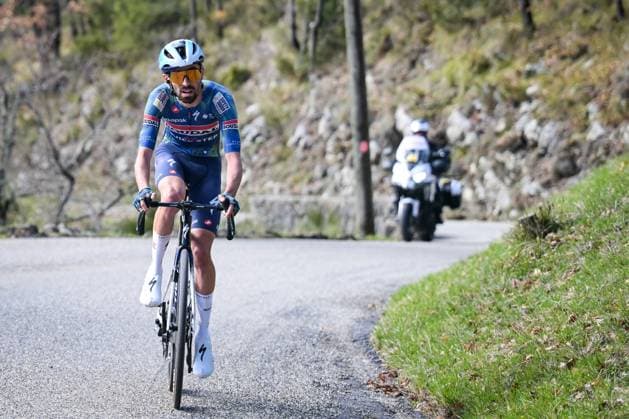 French Valentin Paret Peintre of Soudal Quick-Step pictured in action during the final stage of 84th edition of the Paris-Nice cycling race, a race from Nice to Nice (129,2 km), on Sunday 15 March 2026. DAVIDxPINTENS  x167564171x