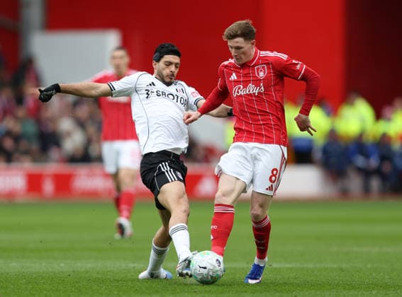 Nottingham, England, 15th March 2026. Raul JimÃ nez of Fulham (l) and Elliot Anderson of Nottingham Forest (r) during the Nottingham Forest vs Fulham Premier League match at the City Ground, Nottingham. Picture credit should read: Gareth Evans Sportimage EDITORIAL USE ONLY. No use with unauthorised audio, video, data, fixture lists, club league logos or live services. Online in-match use limited to 120 images, no video emulation. No use in betting, games or single club league player publications. SPI_016_GE_NFFC_vs_FFC SPI-4604-0017