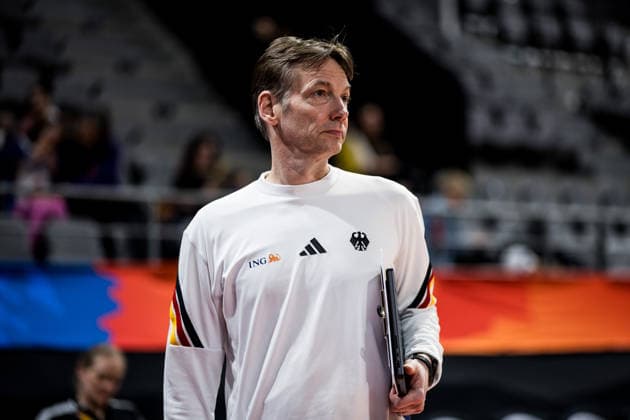LYON-VILLEURBANNE, FRANCE - MARCH 15: Olaf Lange (Head Coach Germany) during pre game warm up before the FIBA Women™s World Cup Qualifying Tournament match between Colombia (COL) vs. Germany (GER) at Astroballe on matchday 4 of the FIBA Women™s World Cup Qualifying Tournament on March 15, 2026 in Lyon-Villeurbanne, France. France Copyright: xSteffiexWunderlx