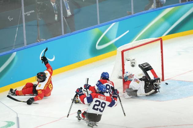 March 15, 2026, Milan, Lombardy, Italy: WANG ZHIDONG 8 of China celebrates scoring his side s second goal in the Bronze Medal Game between Team Czechia (CZE) and Team China (CHN) at the Milano Cortina 2026 Paralympic Winter games, Winterspiele,Spiele, Summer games China won 3:2. Paralympics 2026: Milano Cortina: Para Ice hockey, Eishockey Men s Bronze Medal Game: CZE 2:3 CHN  - ZUMAc179 20260315_oly_c179_026 Copyright: xMickaelxChavetx