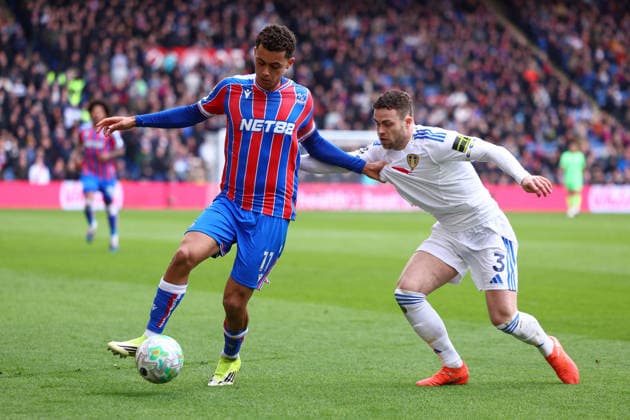 London, England, 15th March 2026. Brennan Johnson of Crystal Palace and Gabriel Gudmundsson of Leeds United challenge for the ball during the Crystal Palace vs Leeds United Premier League match at Selhurst Park, London. Picture credit should read: Paul Terry Sportimage EDITORIAL USE ONLY. No use with unauthorised audio, video, data, fixture lists, club league logos or live services. Online in-match use limited to 120 images, no video emulation. No use in betting, games or single club league player publications. SPI_017_PT_Crystal_Palace_Leeds SPI-4603-0017