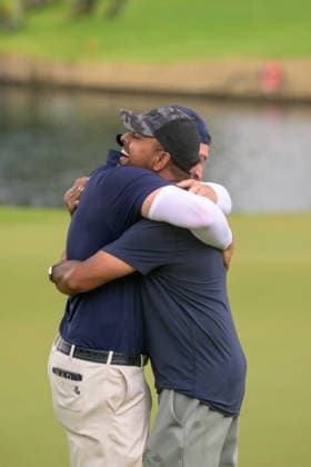March 15, 2026, Singapore, Ingapore, Singapore: USAs Bryson DeChambeau wins the Singapore tournament, beating Richard T. Lee from Canada in a one hole tie-breaker on the 18th hole. Anirban Lahiri steps in to congratulate the winner. Final Round of the LIV Golf in Singapore Singapore Singapore - ZUMAr144 20260315_zap_r144_054 Copyright: xJaynexRussellx